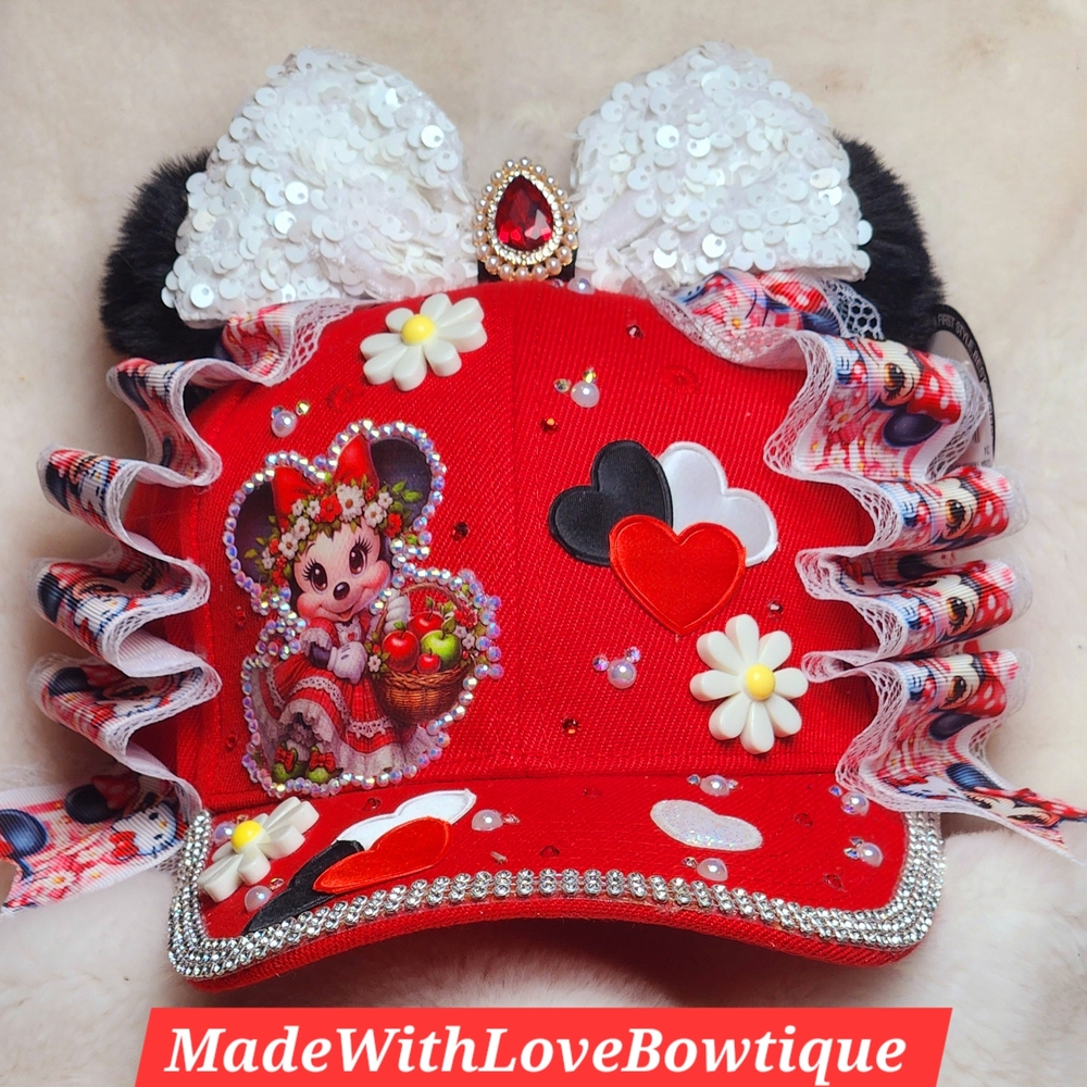MINNIE MOUSE RED & WHITE THEME Cap With BLACK POMPOM Ear & BOW